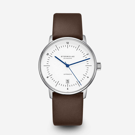 Orologio STERNGLAS Naos Argento con quadrante bianco e cinturino in pelle Premium marrone scuro, vista frontale su sfondo grigio.