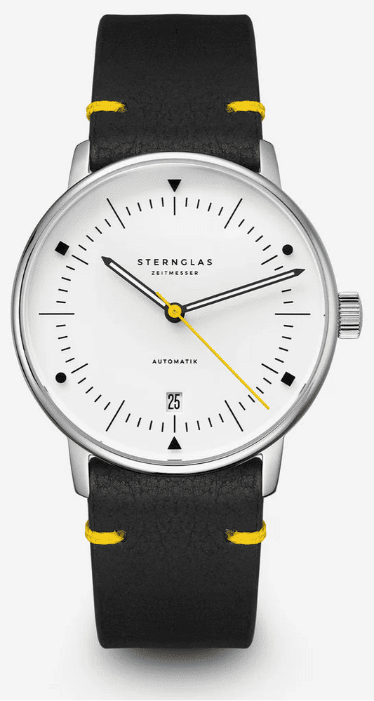 Orologio Sternglas Naos con quadrante bianco, cinturino in pelle nera e dettagli gialli