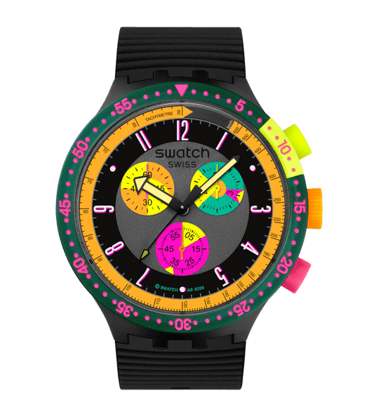 Swatch Big Bold SB02B104 Neon Seppia Armbanduhr Schwarz • Retro Chronograph • Leuchtzeiger