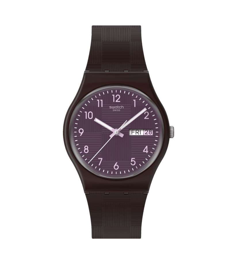 Swatch Weaving Wonders SO28C700 Damen Armbanduhr Dunkelbraun • Biosourced Gehäuse • Tag-Datum-Anzeige