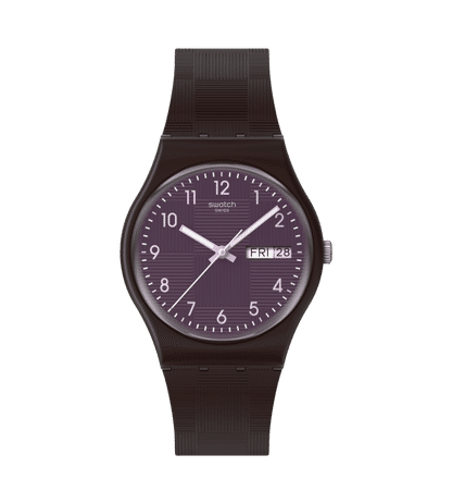 Swatch Weaving Wonders SO28C700 Damen Armbanduhr Dunkelbraun • Biosourced Gehäuse • Tag-Datum-Anzeige