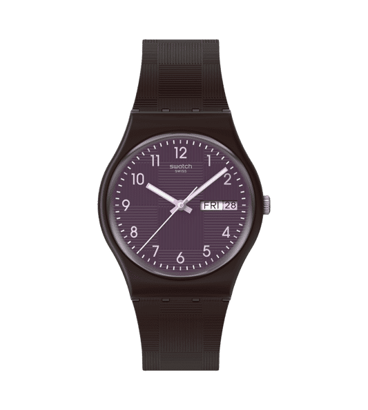 Swatch Weaving Wonders SO28C700 Damen Armbanduhr Dunkelbraun • Biosourced Gehäuse • Tag-Datum-Anzeige