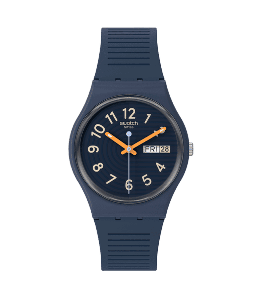 Swatch Originals Medium SO28I700 Trendy Lines at Night Armbanduhr Dunkelblau • Biosourced Gehäuse & Glas • Tag-Datum-Anzeige