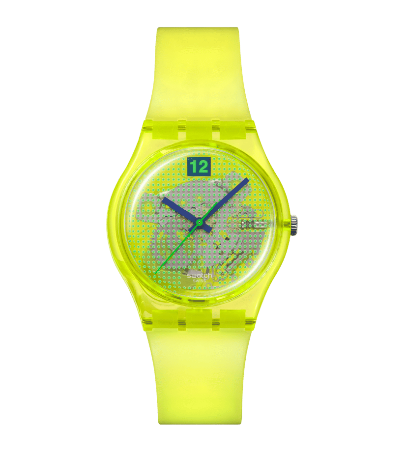 Swatch Originals Medium SO28J103 Luminously Lemon Damenuhr Transparent • Biosourciertes Gehäuse • 80s Retro-Design