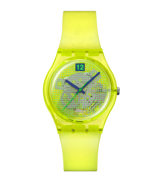 Swatch Originals Medium SO28J103 Luminously Lemon Damenuhr Transparent • Biosourciertes Gehäuse • 80s Retro-Design