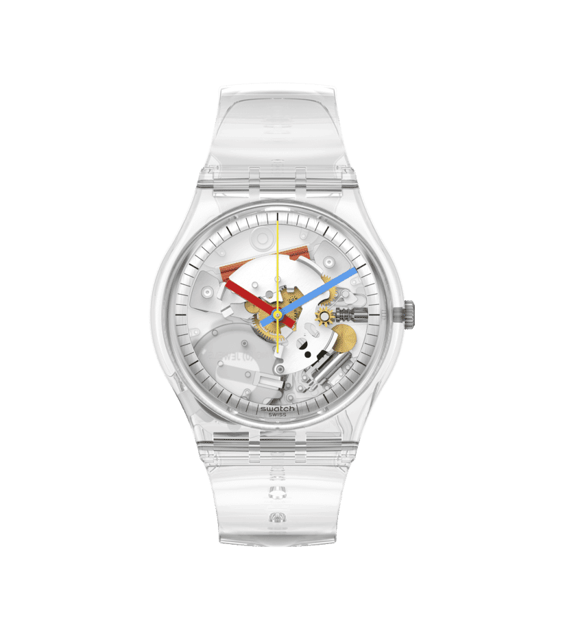 Swatch Originals Medium SO28K100-S06 Armbanduhr Transparent • Biosourced Gehäuse • Farbige Zeiger