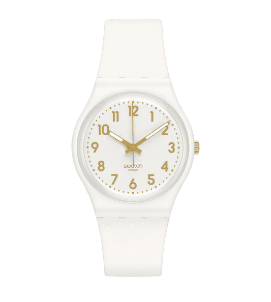 Swatch Originals Medium SO28W106-S14 Armbanduhr Weiß • Minimalistisches Design • Vergoldete Zeiger und Ziffern