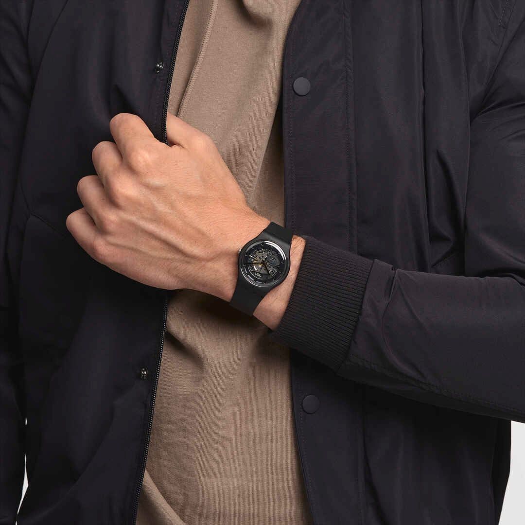 Swatch Originals Large SO29B109 Armbanduhr Schwarz • Biosourced-Gehäuse • Sichtfenster auf das Werk, Bild 6