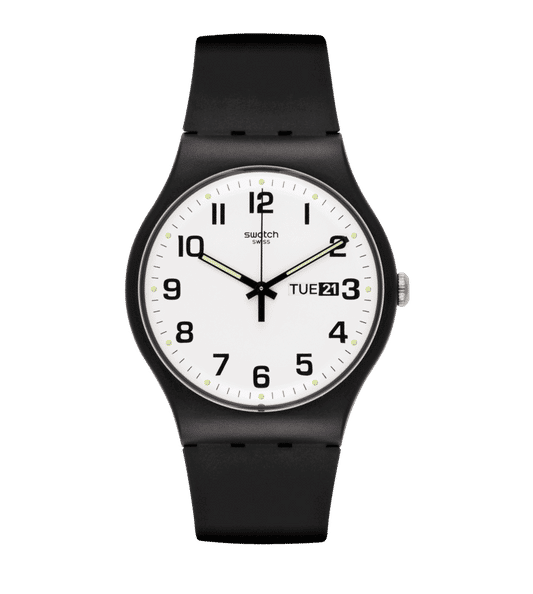 Swatch Originals Large SO29B703 Twice Again Armbanduhr Weiß • Biosourciertes Armband • Tag- und Datumsanzeige