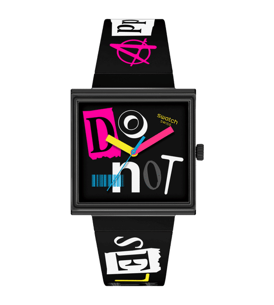 Swatch What If Square SO34B100 Unisex Armbanduhr Schwarz • Bioceramic-Gehäuse • Mehrfarbige Zeiger
