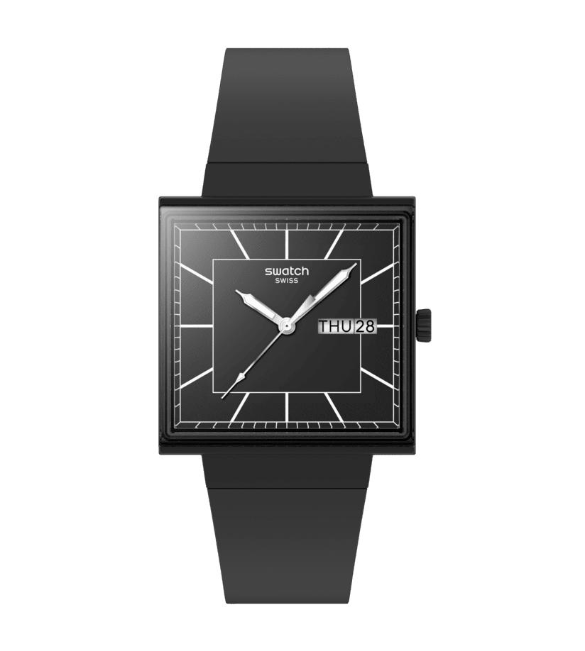 Swatch What If Square SO34B701 Herren Armbanduhr Schwarz • Biokeram​ik-Gehäuse • Leuchtzeiger