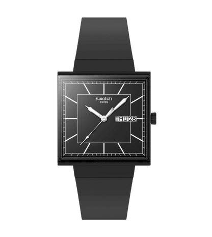 Swatch What If Square SO34B701 Herren Armbanduhr Schwarz • Biokeram​ik-Gehäuse • Leuchtzeiger