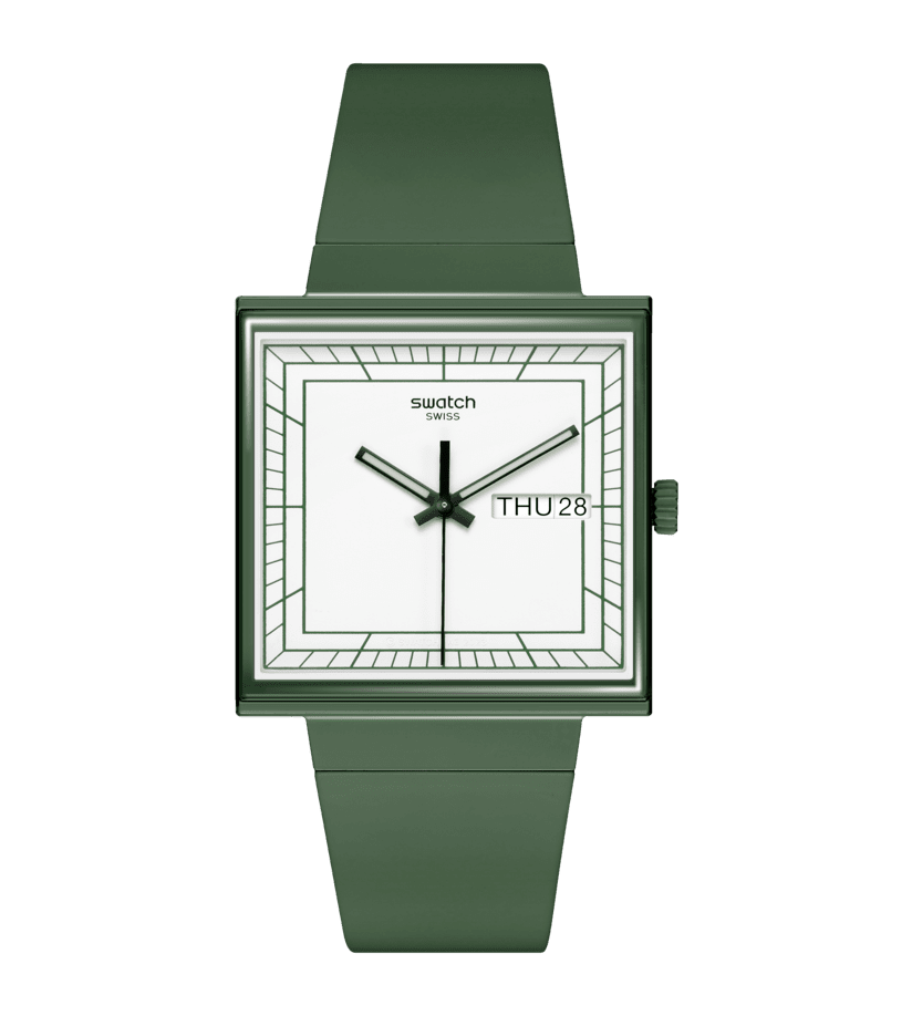 Swatch What If Square SO34G700 Armbanduhr Grün • Bioceramic-Gehäuse • Markantes Quadrat-Design