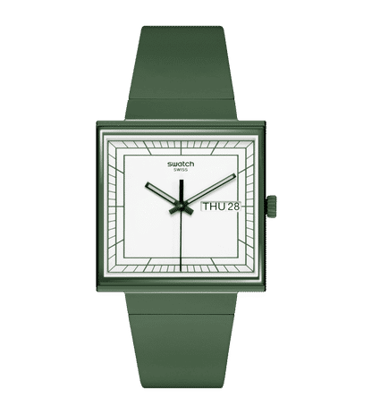Swatch What If Square SO34G700 Armbanduhr Grün • Bioceramic-Gehäuse • Markantes Quadrat-Design