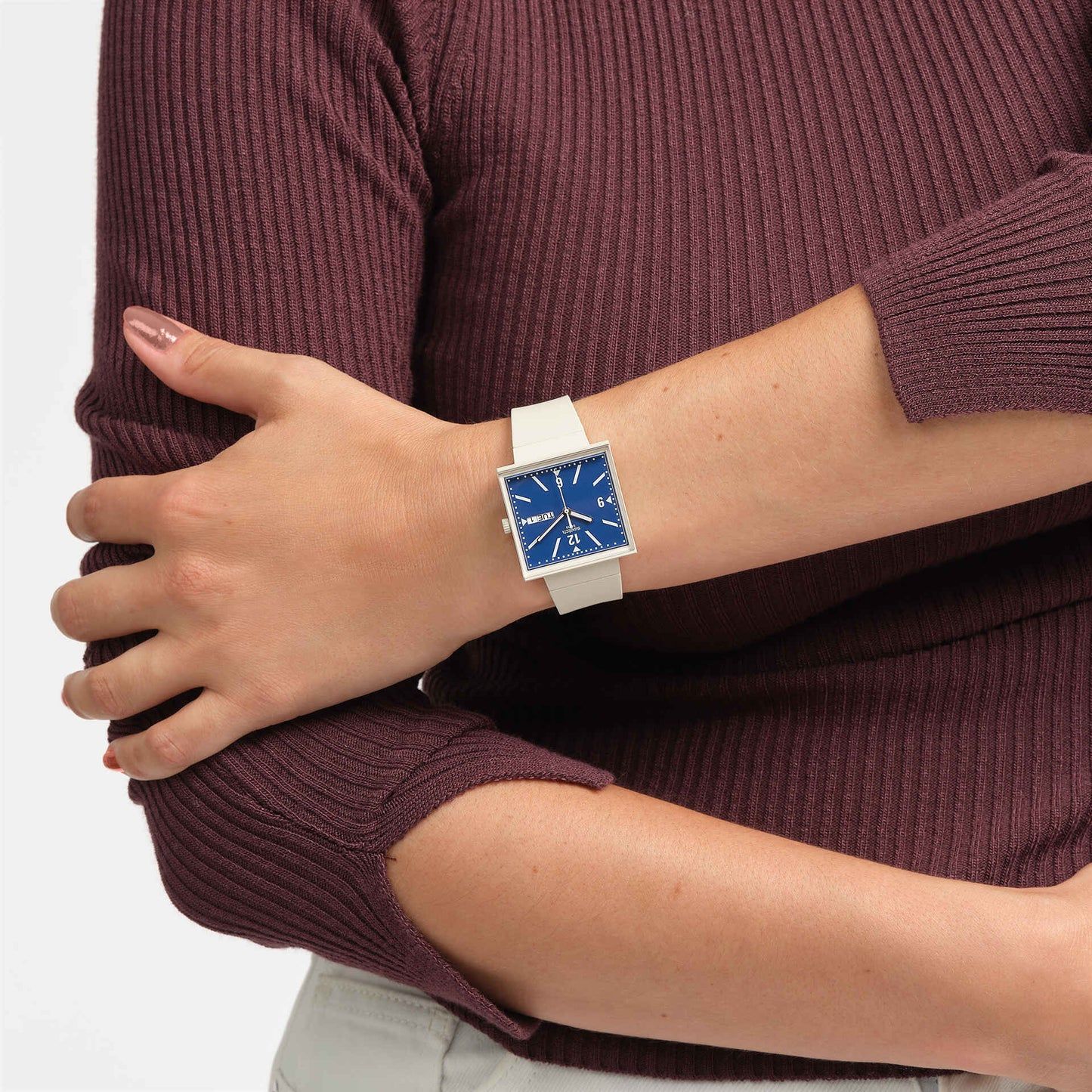 Swatch What If - Square SO34T700 Armbanduhr Beige • Bioceramic-Gehäuse • Quadratisches Design, Bild 8