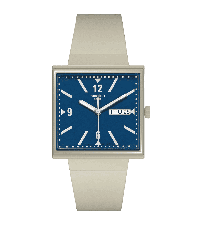 Swatch What If - Square SO34T700 Armbanduhr Beige • Bioceramic-Gehäuse • Quadratisches Design