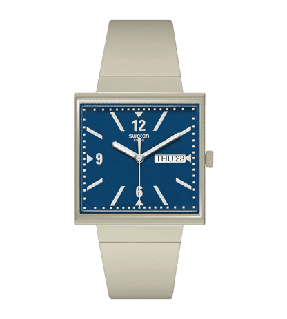 Swatch What If - Square SO34T700 Armbanduhr Beige • Bioceramic-Gehäuse • Quadratisches Design