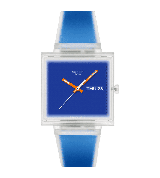 Swatch Armbanduhr: quadratisches transparentes Gehäuse, blaues Zifferblatt, Silikonband
