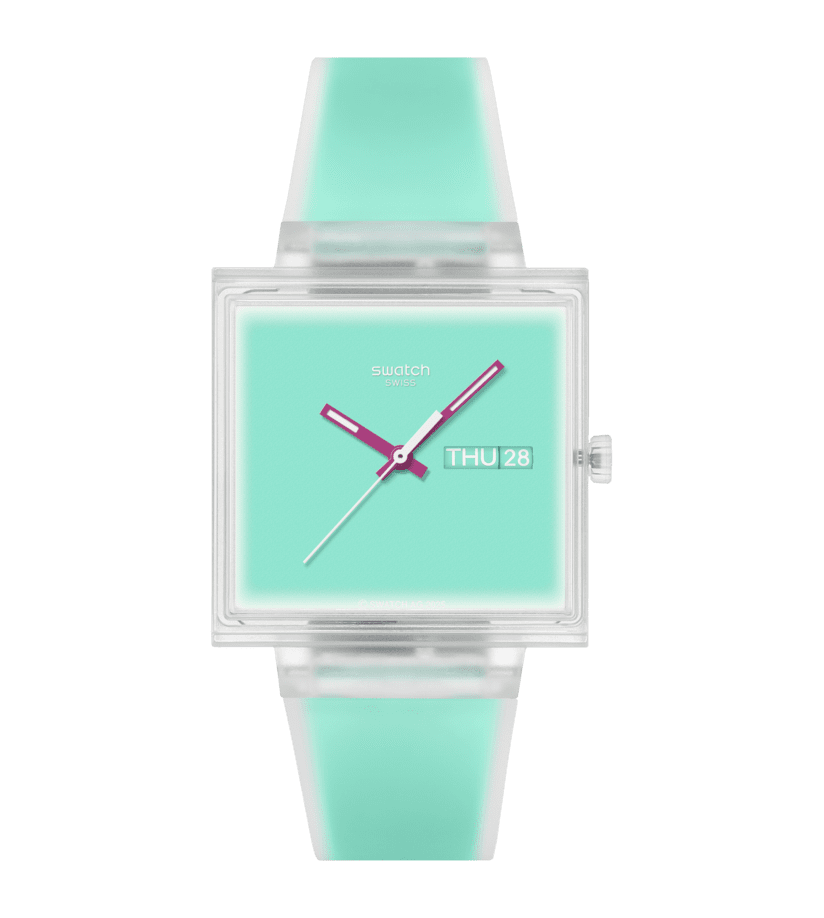 Swatch What If Square SO38K702 Damen Armbanduhr Mint • Transparentes Gehäuse • Biosourced Materialien