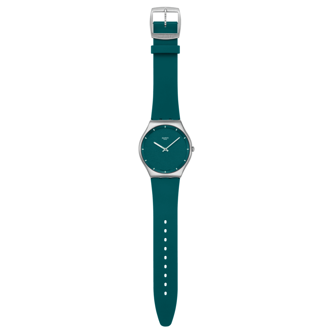 Swatch New Skin Irony SS07S155 Pondering Patterns Armbanduhr Dunkelgrün • Leuchtzifferblatt • Gebürstetes Edelstahlgehäuse