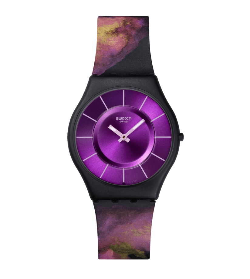 Swatch Skin SS08B106 Paradise Bloom Damenuhr Lila • Biosourced Gehäuse • Leuchtzähler