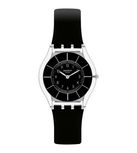 Swatch Black Classiness SS08K103 Armbanduhr Schwarz • Ultraflaches Silikonarmband • Transparentes Polymergehäuse