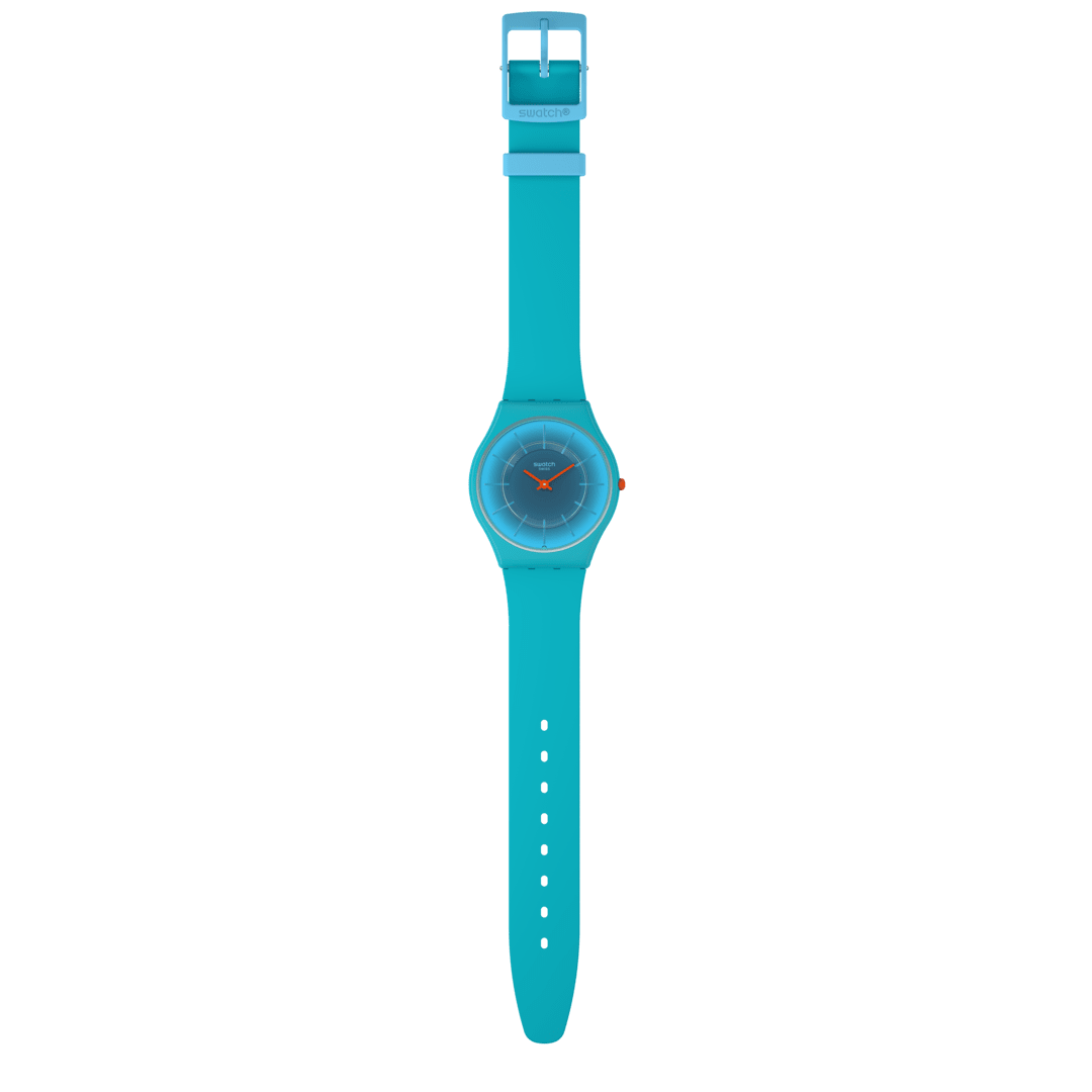 Swatch Skin SS08N114 Radiantly Teal Damenuhr • Ultra-dünnes Gehäuse aus biobasierten Materialien • Farbverlauf-Zifferblatt