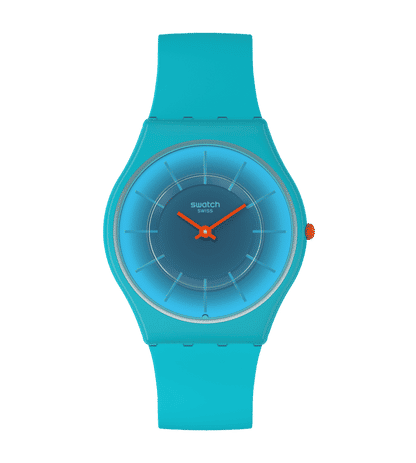 Swatch Skin SS08N114 Radiantly Teal Damenuhr • Ultra-dünnes Gehäuse aus biobasierten Materialien • Farbverlauf-Zifferblatt