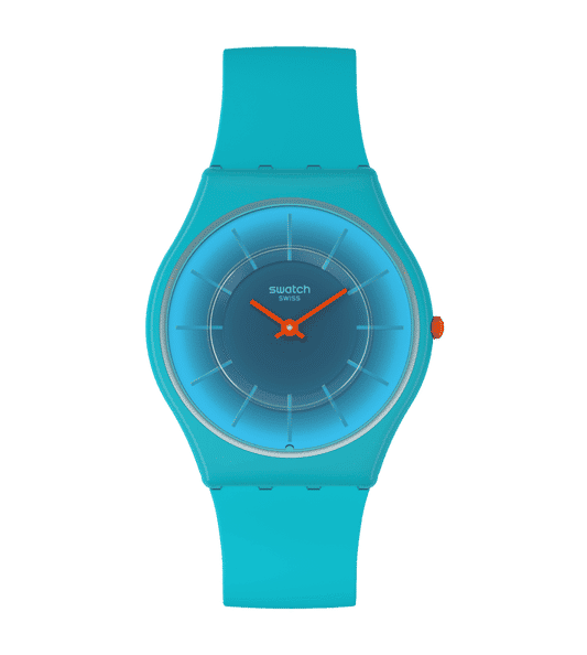 Swatch Skin SS08N114 Radiantly Teal Damenuhr • Ultra-dünnes Gehäuse aus biobasierten Materialien • Farbverlauf-Zifferblatt