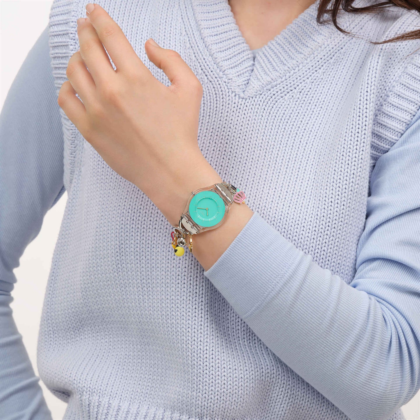 Swatch Skin SS08Z106G Mother like no other Damen Armbanduhr Türkis • Transparentes Biosourced-Gehäuse • Edelstahlarmband mit