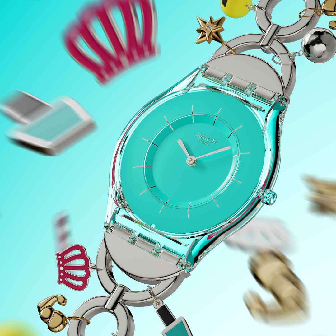 Swatch Skin SS08Z106G Mother like no other Damen Armbanduhr Türkis • Transparentes Biosourced-Gehäuse • Edelstahlarmband mit