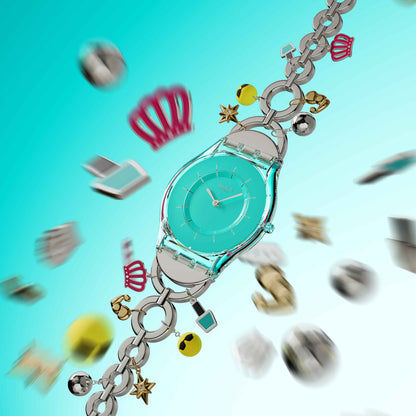 Swatch Skin SS08Z106G Mother like no other Damen Armbanduhr Türkis • Transparentes Biosourced-Gehäuse • Edelstahlarmband mit