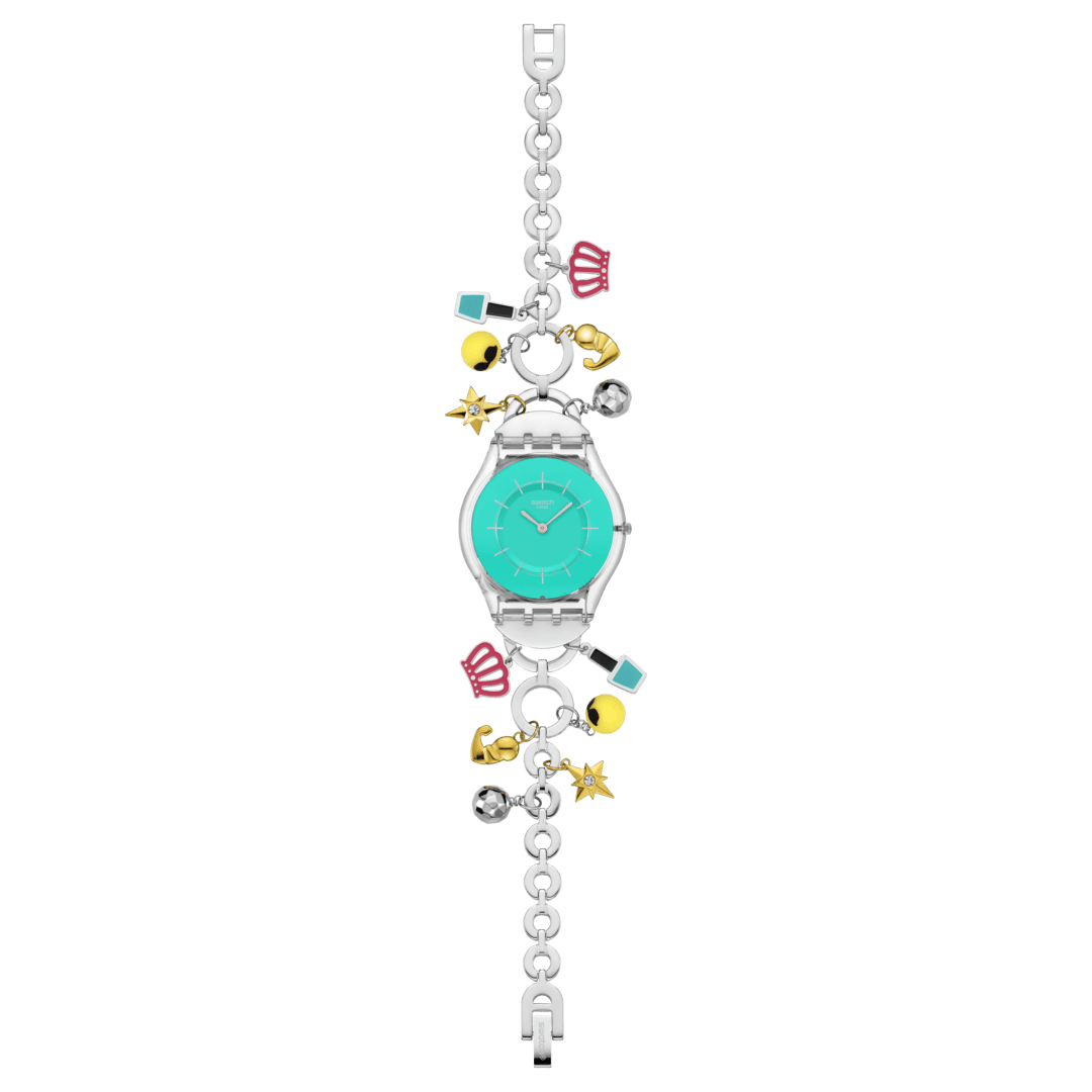 Swatch Skin SS08Z106G Mother like no other Damen Armbanduhr Türkis • Transparentes Biosourced-Gehäuse • Edelstahlarmband mit