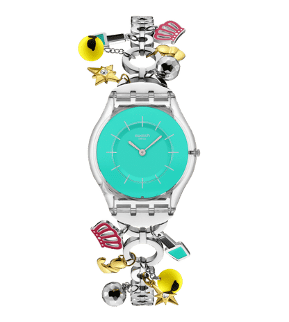 Swatch Skin SS08Z106G Mother like no other Damen Armbanduhr Türkis • Transparentes Biosourced-Gehäuse • Edelstahlarmband mit