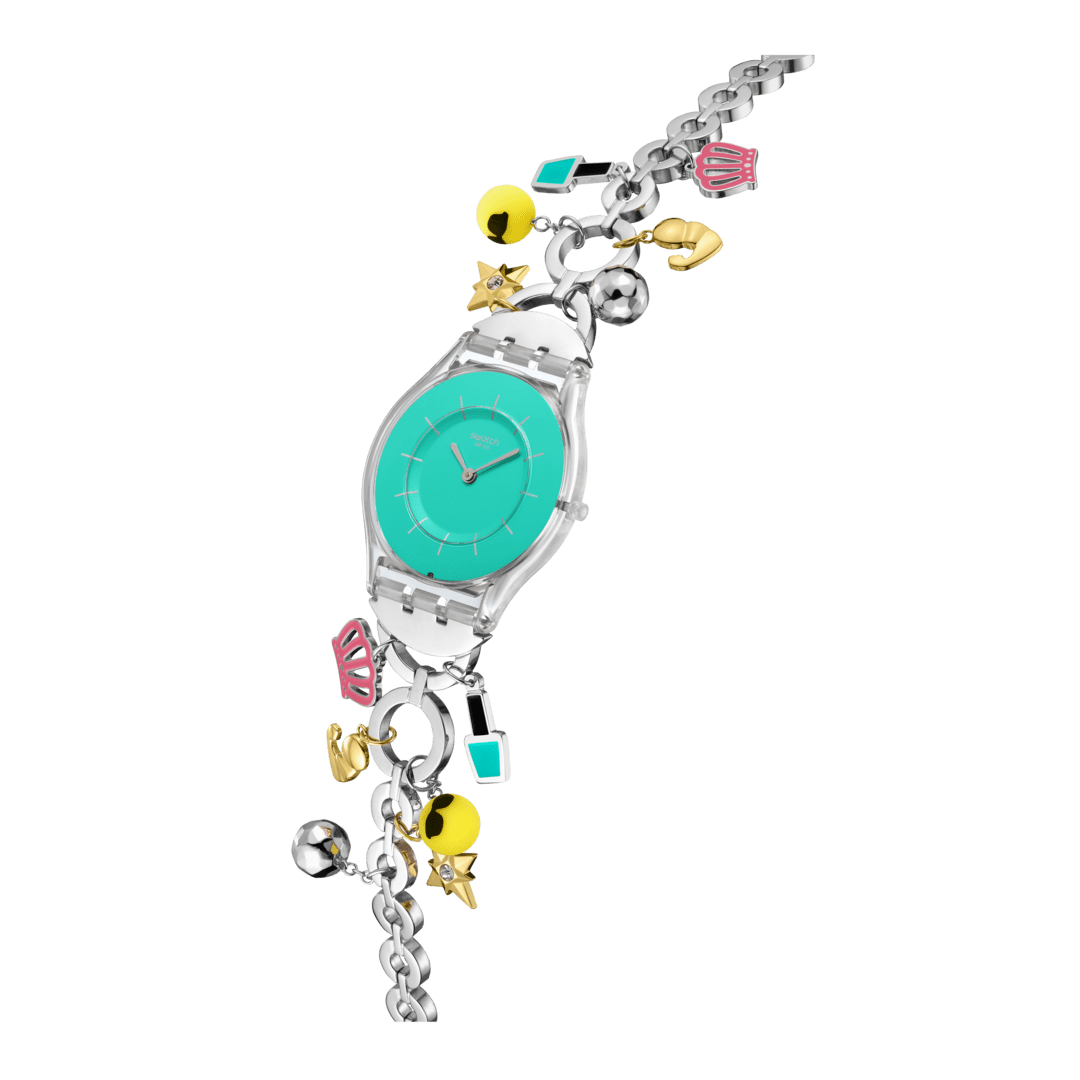 Swatch Skin SS08Z106G Mother like no other Damen Armbanduhr Türkis • Transparentes Biosourced-Gehäuse • Edelstahlarmband mit