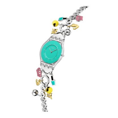 Swatch Skin SS08Z106G Mother like no other Damen Armbanduhr Türkis • Transparentes Biosourced-Gehäuse • Edelstahlarmband mit