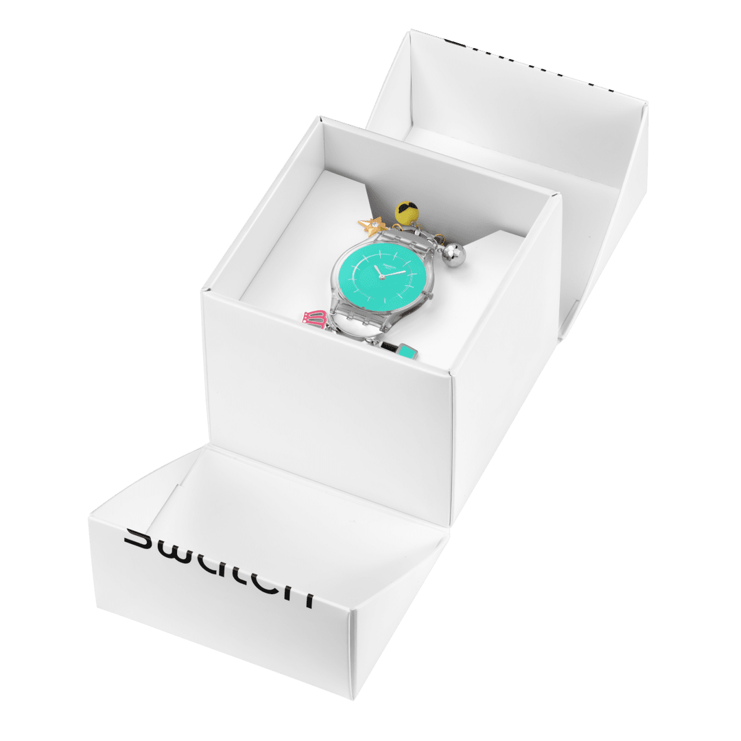 Swatch Skin SS08Z106G Mother like no other Damen Armbanduhr Türkis • Transparentes Biosourced-Gehäuse • Edelstahlarmband mit