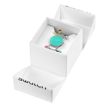Swatch Skin SS08Z106G Mother like no other Damen Armbanduhr Türkis • Transparentes Biosourced-Gehäuse • Edelstahlarmband mit