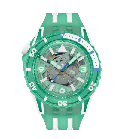 Swatch Scubaqua SSCU09L100 Medusae Damenuhr Türkis • Bioceramic & Biosourced • Leuchtzifferblatt