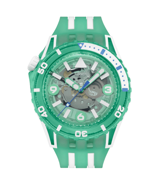 Swatch Scubaqua SSCU09L100 Medusae Damenuhr Türkis • Bioceramic & Biosourced • Leuchtzifferblatt