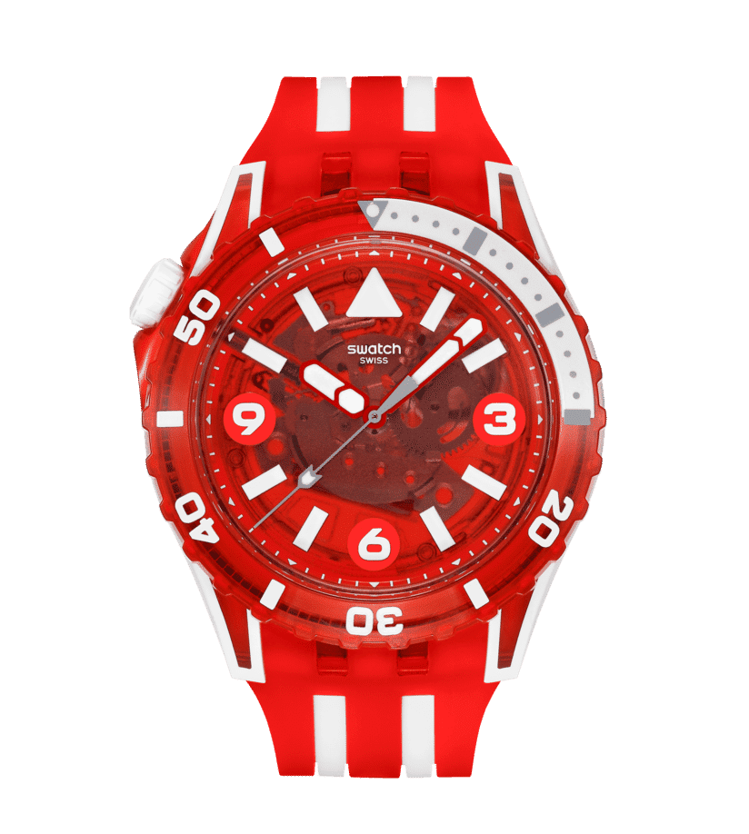 Swatch Scubaqua SSCU09R100 Armbanduhr Transparent-Rot • Bioceramic-Gehäuse • Leuchtindizes