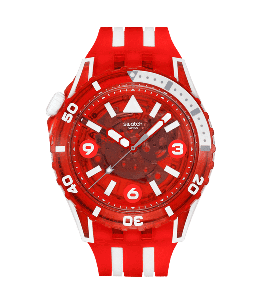 Swatch Scubaqua SSCU09R100 Armbanduhr Transparent-Rot • Bioceramic-Gehäuse • Leuchtindizes