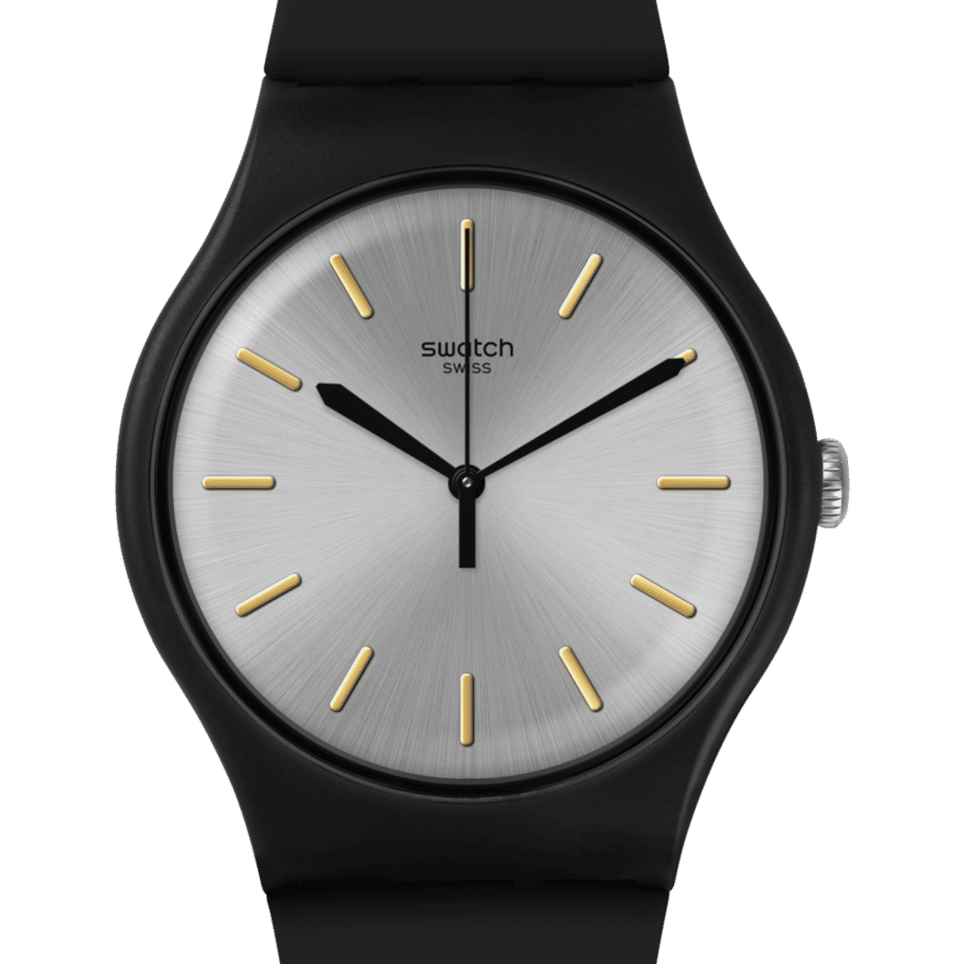 Swatch Originals Large SUOB173 Herrenuhr Schwarz • Silberfarbenes Sunbrush-Zifferblatt • Goldfarbene Swatch Applikationen