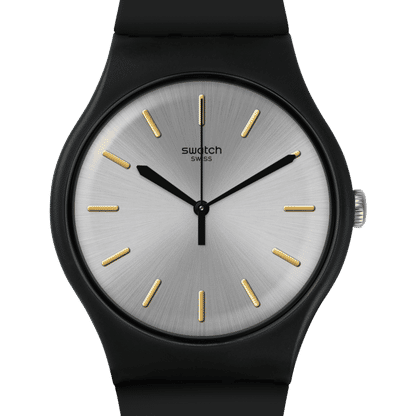 Swatch Originals Large SUOB173 Herrenuhr Schwarz • Silberfarbenes Sunbrush-Zifferblatt • Goldfarbene Swatch Applikationen