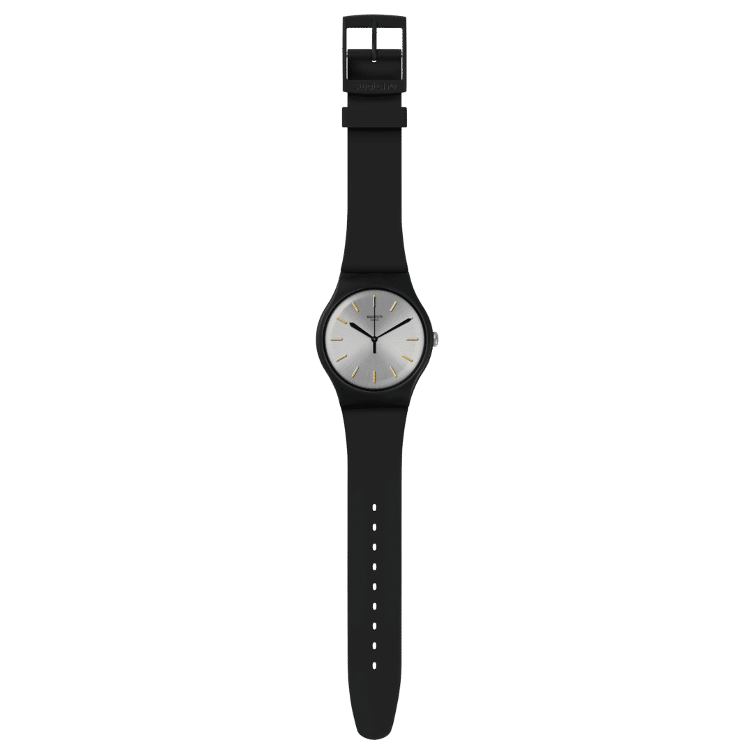 Swatch Originals Large SUOB173 Herrenuhr Schwarz • Silberfarbenes Sunbrush-Zifferblatt • Goldfarbene Swatch Applikationen