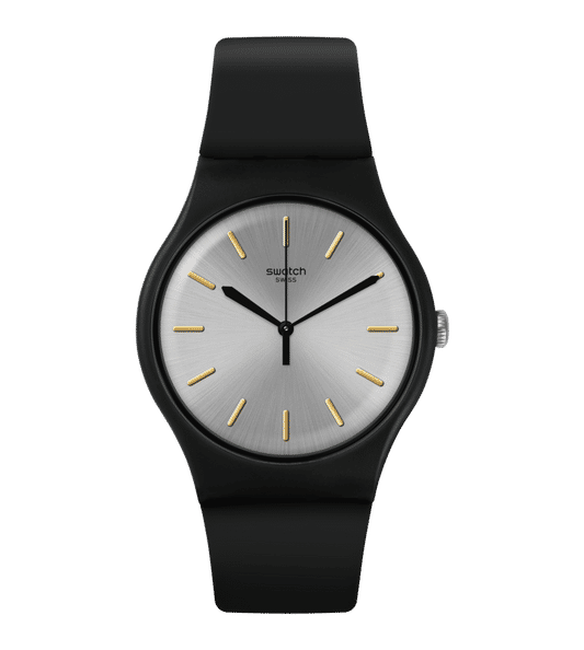 Swatch Originals Large SUOB173 Herrenuhr Schwarz • Silberfarbenes Sunbrush-Zifferblatt • Goldfarbene Swatch Applikationen