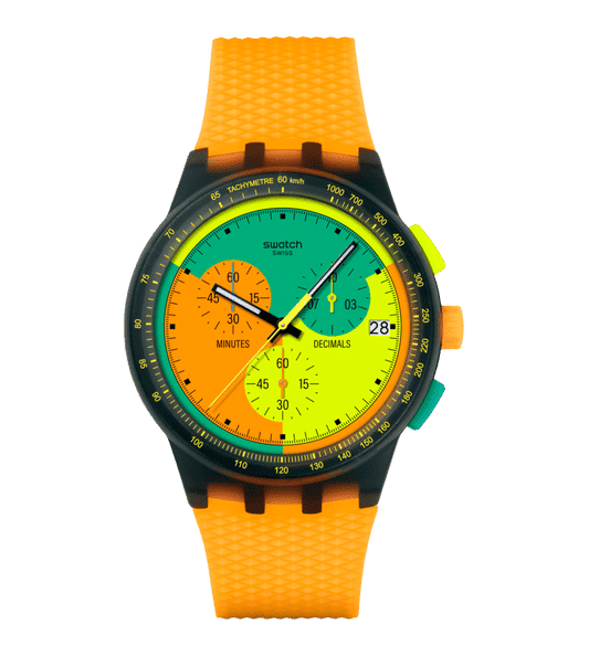 Swatch Neon Signal Flag SUSB422 Herren Armbanduhr Transparent • Chronograph • Tachymeter-Lünette