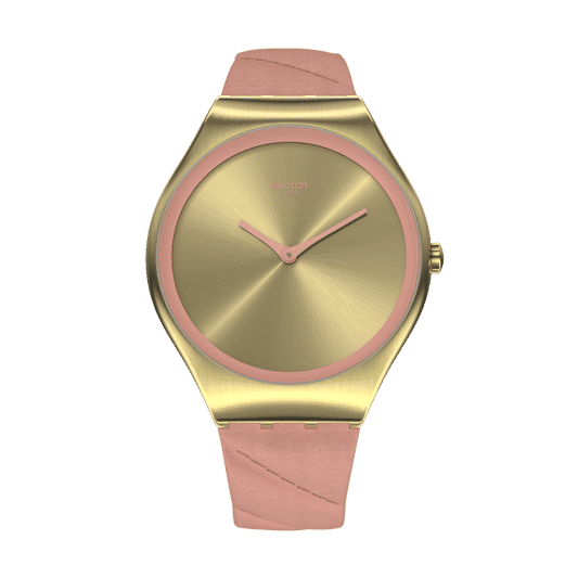 Swatch Irony SYXG114 Damenuhr Rosa • Goldfarben-PVD-Edelstahlgehäuse • Geprägtes Lederarmband