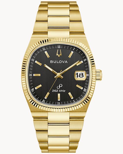 Bulova Herrenarmbanduhr mit schwarzem Zifferblatt, Goldgehäuse, Datumsanzeige „18“