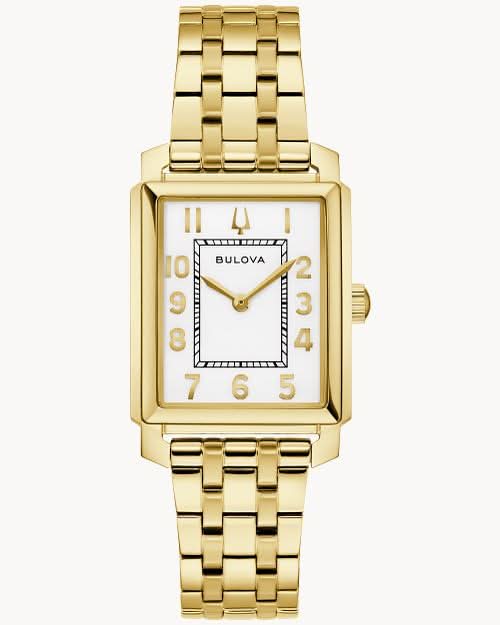 Bulova Damenarmbanduhr mit rechteckigem Gehäuse, weißem Zifferblatt und goldfarbenem Metallarmband